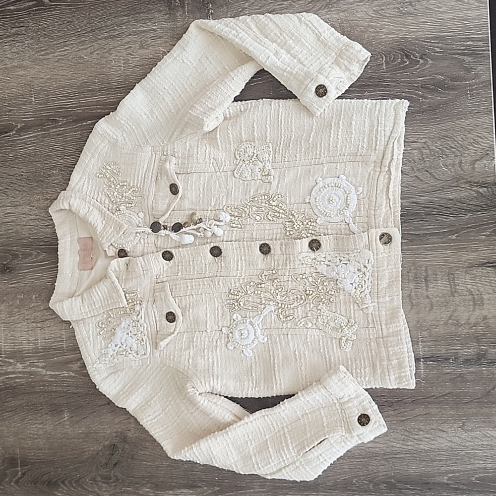 SUNNY STUDIO Paris Textured Beaded Embroidered Crochet Boho Jacket Beige